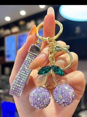 1pc Cute purple Rhinestone Cherry Keychain - Fully Embellished